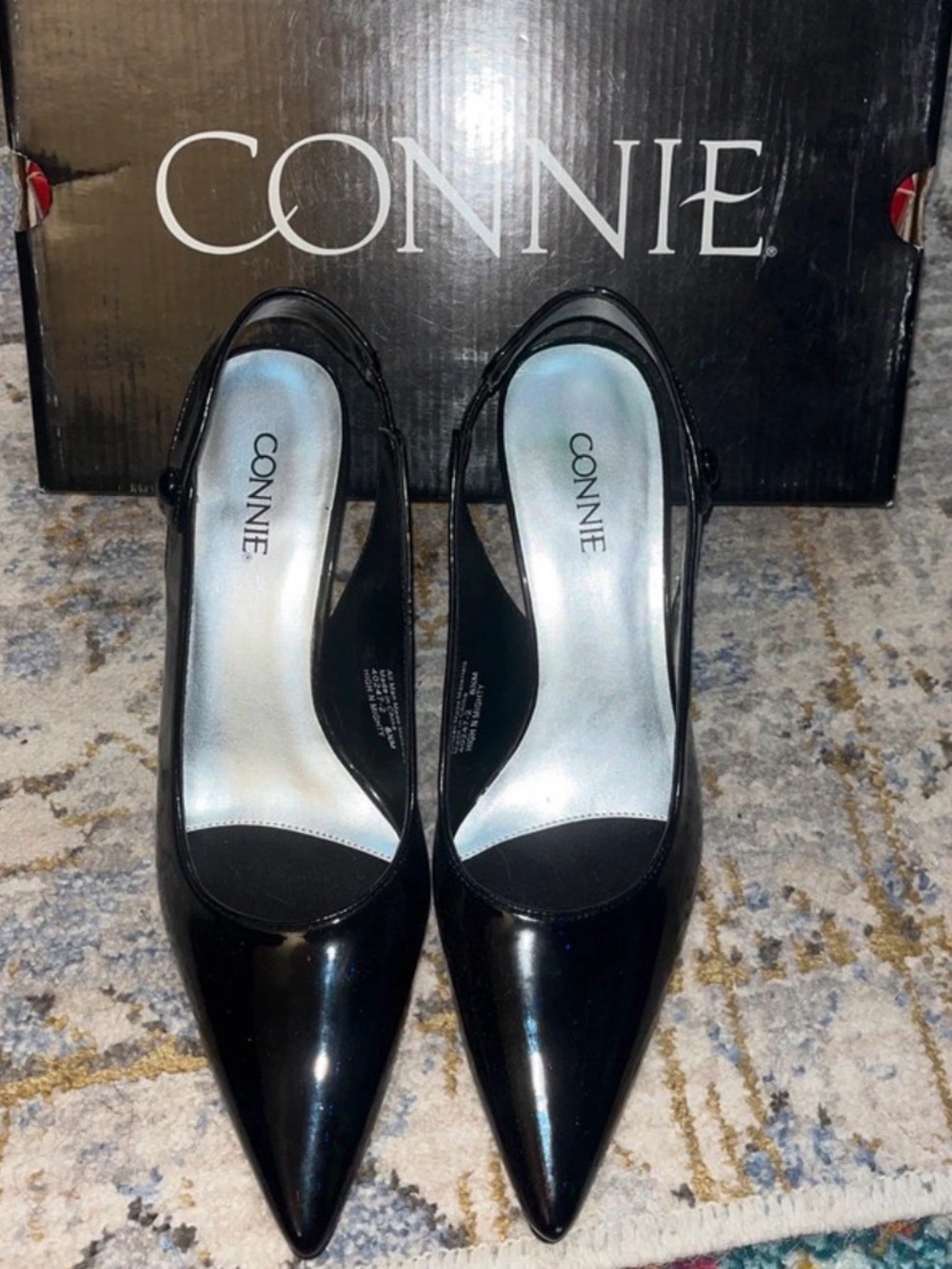Connie Black Patent Pointed Slingback Heels